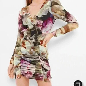 Express Floral Print V-Neck Ruched Mini Dress